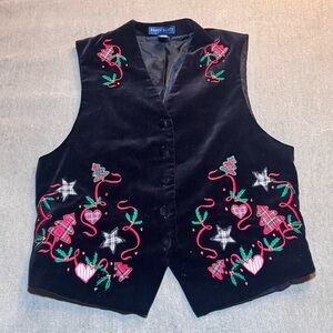 Karen Scott Vintage Velvet Embroidered Christmas Vest